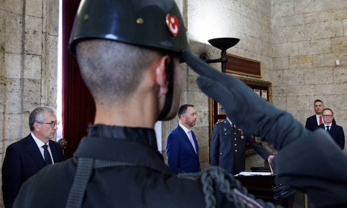 Walloon vice-minister president Pierre-Yves Jeholet, Vice-prime minister and Minister of Foreign Affairs Maxime Prevot and Brussels region Minister-President Boris Dillies pictured during Wreath Laying Ceremony at An?tkabir day four of a Belgian economic mission to Turkey, in Ankara, on Wednesday 13 May 2026. The Queen of the Belgians is leading an economic mission in Turkey from 10 to 14 May.  BENOITxDOPPAGNE 173669936