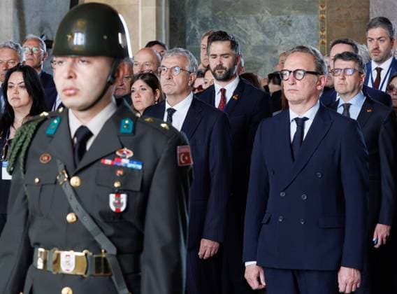 Walloon vice-minister president Pierre-Yves Jeholet and Brussels region Minister-President Boris Dillies pictured during Wreath Laying Ceremony at An?tkabir day four of a Belgian economic mission to Turkey, in Ankara, on Wednesday 13 May 2026. The Queen of the Belgians is leading an economic mission in Turkey from 10 to 14 May.  BENOITxDOPPAGNE 173669951