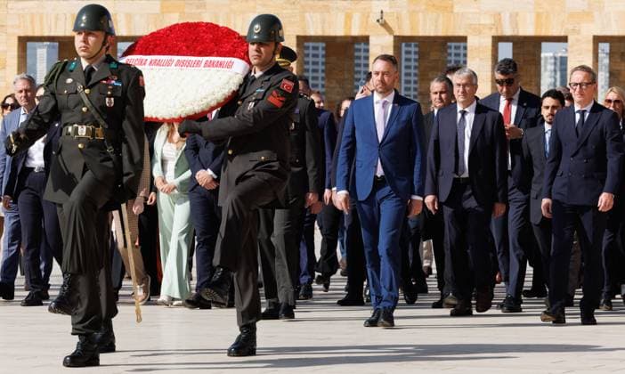 Vice-prime minister and Minister of Foreign Affairs Maxime Prevot, Walloon vice-minister president Pierre-Yves Jeholet and Brussels region Minister-President Boris Dillies pictured during Wreath Laying Ceremony at An?tkabir day four of a Belgian economic mission to Turkey, in Ankara, on Wednesday 13 May 2026. The Queen of the Belgians is leading an economic mission in Turkey from 10 to 14 May.  BENOITxDOPPAGNE 173670319