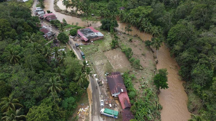 Aftermath of flood in Sumatra TANAH DATAR, INDONESIA - MAY 13: An aerial view of the destruction among the wooden debris affected by floods in Tanah Datar, West Sumatera Province, Indonesia on May 13, 2026. The structures affected by the floods include residential homes, vehicle, irrigation dam, two village bridge, subdistrict roads, and the rice field. Adi Prima Anadolu Tanah Datar Indonesia. Editorial use only. Please get in touch for any other usage.  Copyright: x2026xAnadoluxAdixPrimax
