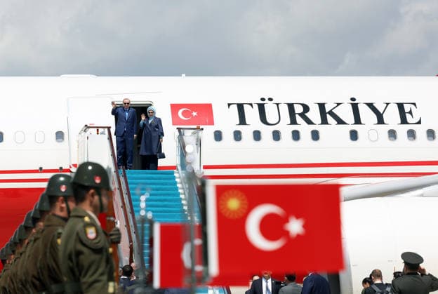 Turkish President Recep Tayyip Erdogan ANKARA, TURKIYE - MAY 13: (----EDITORIAL USE ONLY - MANDATORY CREDIT - TURKISH PRESIDENCY MURAT KULA HANDOUT - NO MARKETING NO ADVERTISING CAMPAIGNS - DISTRIBUTED AS A SERVICE TO CLIENTS----) Turkish President Recep Tayyip Erdogan and his wife Emine Erdogan depart to Kazakhstan from Esenboga Airport in Ankara, Turkiye on May 13, 2026. Tur Presidency Murat Kula Anadolu Ankara Turkey. Editorial use only. Please get in touch for any other usage.  Copyright: x2026xAnadoluxTurxPresidencyx xMuratxKulax