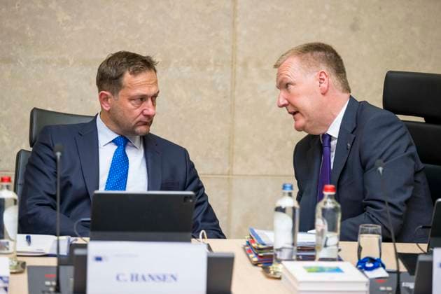 May 13, 2026: Christophe Hansen , EU Commissioner for Agriculture and Food (L) and Michael McGrath , EU Commissioner for Democracy, Justice, and the Rule of Law attend the weekly meeting of the College of Commissioners at the European Commission headquarters in Brussels, Belgium, 13.05.2026. Commissioners are discussing the future of EU cohesion policy, potential restructuring of DG REGIO and plans to strengthen centralized investment tools focused on competitiveness and defence within the European Union budget framework. . - ZUMAw80_ 20260513_faf_w80_008 Copyright: xWiktorxDabkowskix