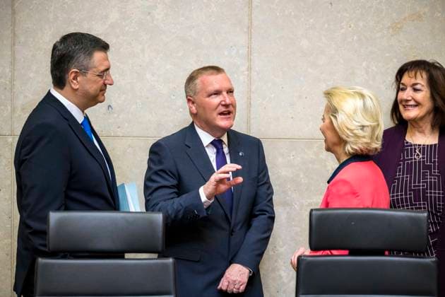 May 13, 2026: (L-R) Apostolos Tzitzikostas , EU Commissioner for Sustainable Transport and Tourism , Michael McGrath , EU Commissioner for Democracy, Justice, and the Rule of Law , Ursula Von der Leyen , the president of the European Commission and Dubravka Suica , EU Commissioner for Mediterranean attend the weekly meeting of the College of Commissioners at the European Commission headquarters in Brussels, Belgium, 13.05.2026. Commissioners are discussing the future of EU cohesion policy, potential restructuring of DG REGIO and plans to strengthen centralized investment tools focused on competitiveness and defence within the European Union budget framework. . - ZUMAw80_ 20260513_faf_w80_022 Copyright: xWiktorxDabkowskix