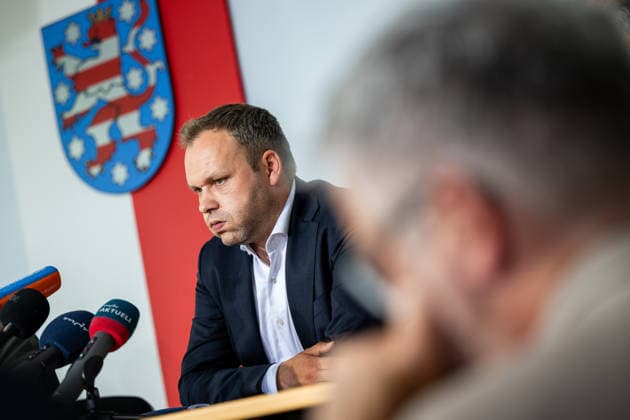 STATE PRESS CONFERENCE THURINGIA 13 05 2026 Erfurt The deputy leader of the AfD parliamentary group in the Thuringian state parliament, Daniel Haseloff AfD , at the state press conference in Thuringia on May 13, 2026