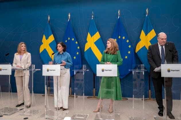 May 13, 2026, Stockholm, Sweden: Swedish Minister for Education and Integration Simona Mohamsson, Moderate Party education spokesperson Josefin Malmqvist, Christian Democrats party secretary Liza-Maria Norlin and Sweden Democrats school policy spokesperson Patrick Reslow attend a press conference on proposed stricter rules for the independent school sector at Rosenbad in Stockholm, Sweden, on May 13, 2026. The Swedish government has presented a legislative proposal that includes a ban on profit distributions and other value transfers from independent schools, as well as stronger sanction powers for supervisory authorities. Sweden - ZUMAa136 20260513_zap_a136_002 Copyright: xJoelxLindhex