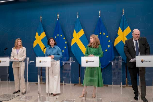 May 13, 2026, Stockholm, Sweden: Swedish Minister for Education and Integration Simona Mohamsson, Moderate Party education spokesperson Josefin Malmqvist, Christian Democrats party secretary Liza-Maria Norlin and Sweden Democrats school policy spokesperson Patrick Reslow attend a press conference on proposed stricter rules for the independent school sector at Rosenbad in Stockholm, Sweden, on May 13, 2026. The Swedish government has presented a legislative proposal that includes a ban on profit distributions and other value transfers from independent schools, as well as stronger sanction powers for supervisory authorities. Sweden - ZUMAa136 20260513_zap_a136_005 Copyright: xJoelxLindhex