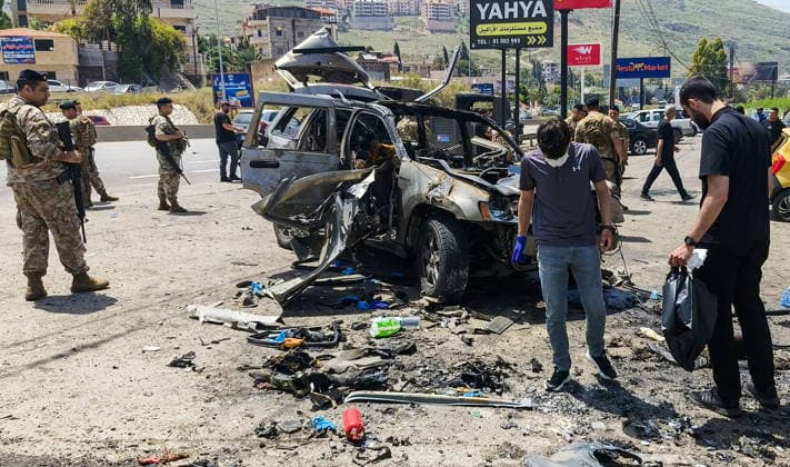 LEBANON, MOUNT LEBANON GOVERNORATE - MAY 13, 2026: The burnt out wreckage of a car destroyed in a drone attack, in Saadiyat, Chouf District, 20km south of Beirut. Ankhar Kochneva TASS  92399879