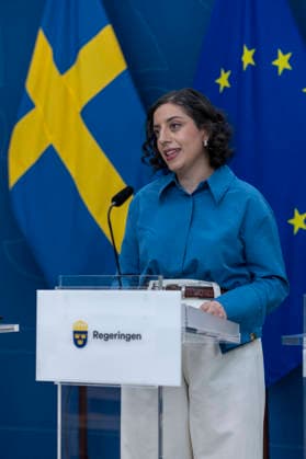 May 13, 2026, Stockholm, Sweden: Swedish Minister for Education and Integration Simona Mohamsson speaks during a press conference on proposed stricter rules for the independent school sector at Rosenbad in Stockholm, Sweden, on May 13, 2026. The Swedish government has presented a legislative proposal that includes a ban on profit distributions and other value transfers from independent schools, as well as stronger sanction powers for supervisory authorities. Sweden - ZUMAa136 20260513_zap_a136_022 Copyright: xJoelxLindhex