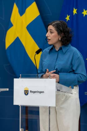 May 13, 2026, Stockholm, Sweden: Swedish Minister for Education and Integration Simona Mohamsson speaks during a press conference on proposed stricter rules for the independent school sector at Rosenbad in Stockholm, Sweden, on May 13, 2026. The Swedish government has presented a legislative proposal that includes a ban on profit distributions and other value transfers from independent schools, as well as stronger sanction powers for supervisory authorities. Sweden - ZUMAa136 20260513_zap_a136_023 Copyright: xJoelxLindhex
