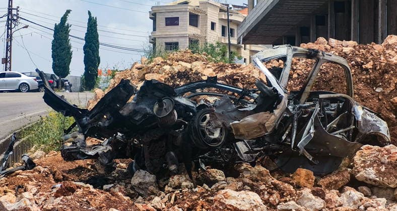 LEBANON, MOUNT LEBANON GOVERNORATE - MAY 13, 2026: The burnt out wreckage of a car destroyed in a drone attack, in Saadiyat, Chouf District, 20km south of Beirut Lebanon  - ZUMAt113 20260513_zaa_t113_166 Copyright: xAnkharxKochnevax