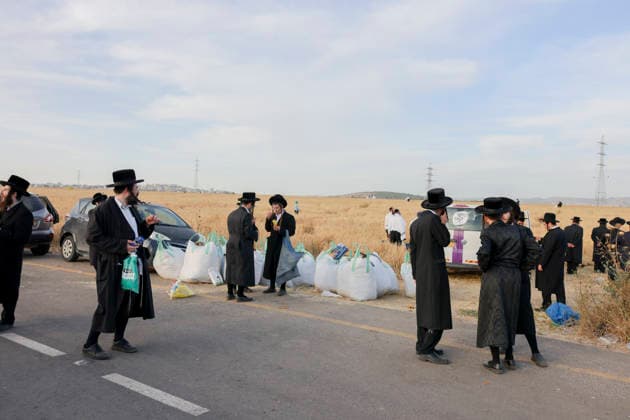 Haredi Men Harvest Wheat West Bank Haredi Jewish men stand beside bags of harvested wheat along a road near Mevo Horon in the occupied West Bank on May 13, 2026. The wheat was harvested by hand for the production of Matzah Shmura for the following year™s Passover holiday. Mevo Horon West Bank Palestinian Territories Copyright: xSimonxBenix