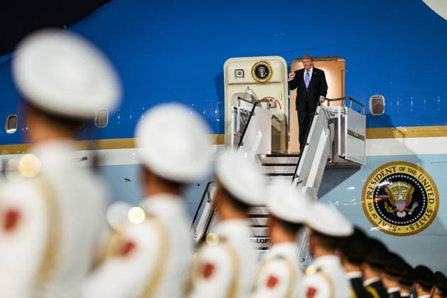 President Donald Trump arrives at Beijing Capital International Airport in Beijing, China, on Wednesday, May 13, 2026, where he is greeted by China s Vice President Han Zheng and feted with an elaborate arrival ceremony. Photo via The White House  WAX2026051303 THExWHITExHOUSE