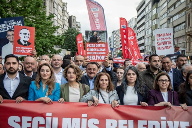 May 13, 2026, Istanbul, Istanbul, Turkey: Supporters of the Republican People s Party (CHP) take part in the first â€oeDemocracy and Freedom March†organized by the Istanbul Provincial Presidency in Istanbul, Turkey, on May 13, 2026. The march began in front of the Ataturk Museum in the district of Sisli and ended in front of the Sisli Municipality building. Thousands of demonstrators participated in the rally, chanting slogans such as â€oeNo to trustee appointments,†â€oeFreedom for political prisoners,†and messages supporting detained mayors. Istanbul Turkey - ZUMAt171 20260513_zip_t171_007 Copyright: xAbdullahxTepelix