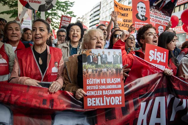 May 13, 2026, Istanbul, Istanbul, Turkey: Supporters of the Republican People s Party (CHP) take part in the first â€oeDemocracy and Freedom March†organized by the Istanbul Provincial Presidency in Istanbul, Turkey, on May 13, 2026. The march began in front of the Ataturk Museum in the district of Sisli and ended in front of the Sisli Municipality building. Thousands of demonstrators participated in the rally, chanting slogans such as â€oeNo to trustee appointments,†â€oeFreedom for political prisoners,†and messages supporting detained mayors. Istanbul Turkey - ZUMAt171 20260513_zip_t171_022 Copyright: xAbdullahxTepelix