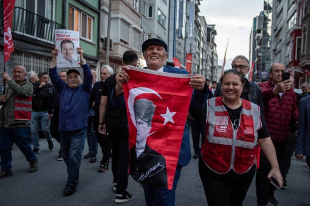 May 13, 2026, Istanbul, Istanbul, Turkey: Supporters of the Republican People s Party (CHP) take part in the first â€oeDemocracy and Freedom March†organized by the Istanbul Provincial Presidency in Istanbul, Turkey, on May 13, 2026. The march began in front of the Ataturk Museum in the district of Sisli and ended in front of the Sisli Municipality building. Thousands of demonstrators participated in the rally, chanting slogans such as â€oeNo to trustee appointments,†â€oeFreedom for political prisoners,†and messages supporting detained mayors. Istanbul Turkey - ZUMAt171 20260513_zip_t171_001 Copyright: xAbdullahxTepelix