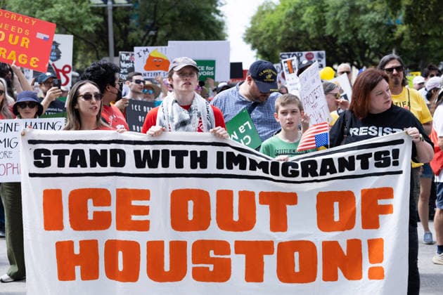 May 13, 2026, Houston, Texas, USA: During a No Kings protest in downtown Houston, demonstrators march holding up signs. Houston USA  - ZUMA 20260513_mda_g287_010 Copyright: xMatthewxGuzmanx