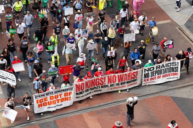 May 13, 2026, Houston, Texas, USA: During a No Kings protest in downtown Houston, demonstrators march and hold up signs. Houston USA - ZUMA 20260513_mda_g287_007 Copyright: xMatthewxGuzmanx