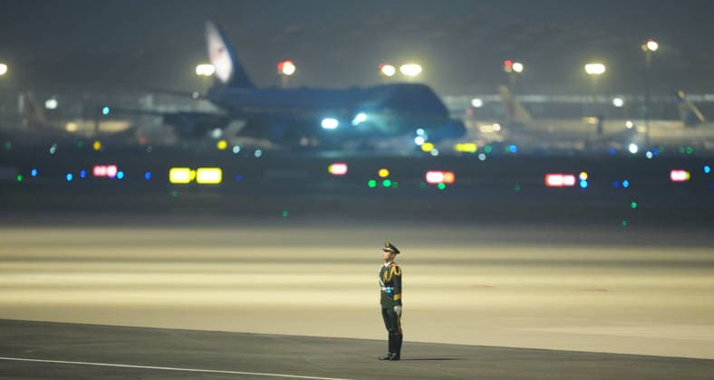 BEIJING, CHINA - MAY 13: U.S. President Donald Trump arrives at Beijing Capital International Airport on May 13, 2026 in Beijing, China. At the invitation of Chinese President Xi Jinping, Trump is visiting China from May 13 to 15.  Copyright: xVCGx 111641204733