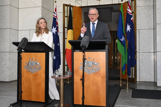 ANTHONY ALBANESE TAMMY TYRRELL PRESS CONFERENCE, Australian Prime Minister Anthony Albanese and Senator Tammy Tyrrell speak to the media during a press conference at Parliament House in Canberra, Thursday, May 14, 2026. ( NO ARCHIVING CANBERRA AUSTRALIAN CAPITAL TERRITORY AUSTRALIA  Copyright: xLUKASxCOCHx 20260514133930677461