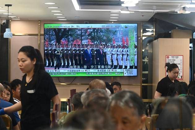RECORD DATE NOT STATED Trump and Xi Jinping Meeting A TV screen showing a live broadcast of US President Donald Trump and Chinese President Xi Jinping in a meeting in Beijing, China on May 14, 2026 in Hong Kong. (Photo by Stringer Nexpher Images) Hong Kong