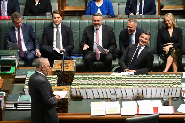 QUESTION TIME, Australian Opposition Leader Angus Taylor reacts as he listens to Australian Prime Minister Anthony Albanese during Question Time in the House of Representatives at Parliament House in Canberra, Thursday, May 14, 2026. ( NO ARCHIVING CANBERRA AUSTRALIAN CAPITAL TERRITORY AUSTRALIA  Copyright: xLUKASxCOCHx 20260514112750839083