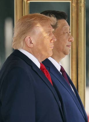 U.S. President Trump in Beijing U.S. President Donald Trump (foreground), alongside Chinese President Xi Jinping, attends a welcome ceremony at the Great Hall of the People in Beijing on May 14, 2026.  A14AA0005554841P