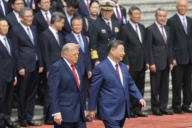 U.S. President Trump in Beijing U.S. President Donald Trump (front, L), alongside Chinese President Xi Jinping, attends a welcome ceremony at the Great Hall of the People in Beijing on May 14, 2026.  A14AA0005554844P