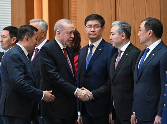 Turkish President Recep Tayyip Erdogan in Kazakhstan ASTANA, KAZAKHSTAN - MAY 14: Turkish President Recep Tayyip Erdogan is welcomed by Kazakh President Kassym-Jomart Tokayev with an official ceremony at the Independence Palace in Astana, Kazakhstan on May 14, 2026. The ceremony was attended by a high-level Turkish delegation, including Foreign Minister Hakan Fidan and the Chairman of the Council of Elders of the Organization of Turkic States (OTS), Binali Yildirim. Mehmet Ali Ozcan Anadolu Astana Kazakhstan. Editorial use only. Please get in touch for any other usage.  Copyright: x2026xAnadoluxMehmetxAlixOzcanx