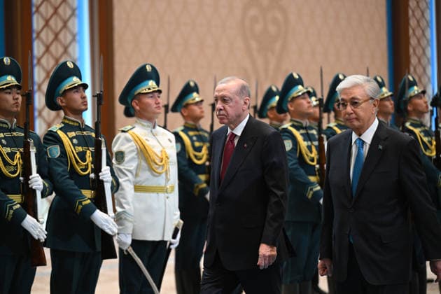 Turkish President Recep Tayyip Erdogan in Kazakhstan ASTANA, KAZAKHSTAN - MAY 14: Turkish President Recep Tayyip Erdogan is welcomed by Kazakh President Kassym-Jomart Tokayev with an official ceremony at the Independence Palace in Astana, Kazakhstan on May 14, 2026. Mehmet Ali Ozcan Anadolu Astana Kazakhstan. Editorial use only. Please get in touch for any other usage.  Copyright: x2026xAnadoluxMehmetxAlixOzcanx