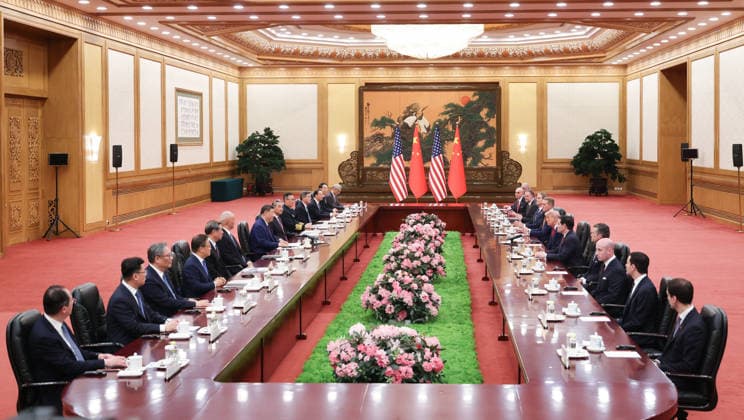 (260514) -- BEIJING, May 14, 2026 -- Chinese President Xi Jinping holds talks with U.S. President Donald Trump, who is on a state visit to China, at the Great Hall of the People in Beijing, capital of China, May 14, 2026. (Photo by Xiao Yi Xinhua) CHINA-BEIJING-XI JINPING-U.S.-TRUMP-TALKS (CN) BixXiaoyang 