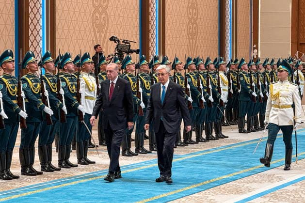 KAZAKHSTAN, ASTANA - MAY 14, 2026: Turkey s President Recep Tayyip Erdogan (L) and Kazakhstan s President Kassym-Jomart Tokayev meet at the Palace of Independence. Andrei Gryaznov TASS  92447461