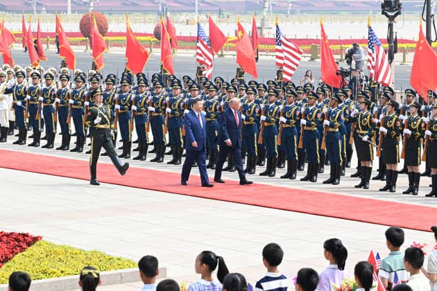 (260514) -- BEIJING, May 14, 2026 -- Chinese President Xi Jinping holds a welcome ceremony for U.S. President Donald Trump, who is on a state visit to China, outside the Great Hall of the People prior to their talks in Beijing, capital of China, May 14, 2026. Xi held talks with Trump at the Great Hall of the People in Beijing on Thursday. ) CHINA-BEIJING-XI JINPING-U.S.-TRUMP-TALKS (CN) RaoxAimin 