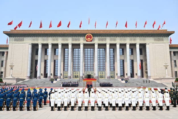 (260514) -- BEIJING, May 14, 2026 -- Chinese President Xi Jinping holds a welcome ceremony for U.S. President Donald Trump, who is on a state visit to China, outside the Great Hall of the People prior to their talks in Beijing, capital of China, May 14, 2026. Xi held talks with Trump at the Great Hall of the People in Beijing on Thursday. ) CHINA-BEIJING-XI JINPING-U.S.-TRUMP-TALKS (CN) YinxBogu 