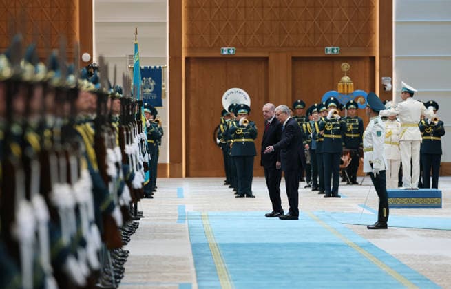 Turkish President Recep Tayyip Erdogan in Kazakhstan ASTANA, KAZAKHSTAN - MAY 14: (----EDITORIAL USE ONLY - MANDATORY CREDIT - TURKISH PRESIDENCY MURAT KULA HANDOUT - NO MARKETING NO ADVERTISING CAMPAIGNS - DISTRIBUTED AS A SERVICE TO CLIENTS----) Turkish President Recep Tayyip Erdogan is welcomed by Kazakh President Kassym-Jomart Tokayev with an official ceremony at the Independence Palace in Astana, Kazakhstan on May 14, 2026. Turkish Presidency Murat Kula Anadolu Ankara Turkey. Editorial use only. Please get in touch for any other usage.  Copyright: x2026xAnadoluxTurkishxPresidencyx xMuratxKulax