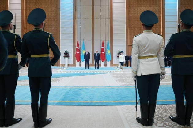 Turkish President Recep Tayyip Erdogan in Kazakhstan ASTANA, KAZAKHSTAN - MAY 14: (----EDITORIAL USE ONLY - MANDATORY CREDIT - TURKISH PRESIDENCY MURAT CETINMUHURDAR HANDOUT - NO MARKETING NO ADVERTISING CAMPAIGNS - DISTRIBUTED AS A SERVICE TO CLIENTS----) Turkish President Recep Tayyip Erdogan is welcomed by Kazakh President Kassym-Jomart Tokayev with an official ceremony at the Independence Palace in Astana, Kazakhstan on May 14, 2026. TUR Presidency Murat Cetinmuhurdar Anadolu Astana Kazakhstan. Editorial use only. Please get in touch for any other usage.  Copyright: x2026xAnadoluxTURxPresidency MuratxCetinmuhurdarx