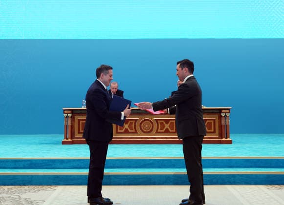 Turkish President Recep Tayyip Erdogan in Kazakhstan ASTANA, KAZAKHSTAN - MAY 14: (----EDITORIAL USE ONLY - MANDATORY CREDIT - TURKISH PRESIDENCY HANDOUT - NO MARKETING NO ADVERTISING CAMPAIGNS - DISTRIBUTED AS A SERVICE TO CLIENTS----) Turkish President Recep Tayyip Erdogan and Kazakh President Kassym-Jomart Tokayev attend the signing ceremony of bilateral agreements at the Independence Palace in Astana, Kazakhstan on May 14, 2026. Turkish Presidency Anadolu Astana Kazakhstan. Editorial use only. Please get in touch for any other usage.  Copyright: x2026xAnadoluxTurkishxPresidencyx