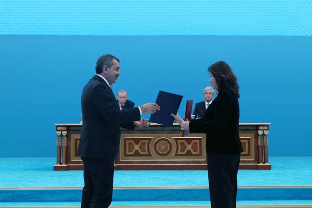Turkish President Recep Tayyip Erdogan in Kazakhstan ASTANA, KAZAKHSTAN - MAY 14: (----EDITORIAL USE ONLY - MANDATORY CREDIT - TURKISH PRESIDENCY HANDOUT - NO MARKETING NO ADVERTISING CAMPAIGNS - DISTRIBUTED AS A SERVICE TO CLIENTS----) Turkish President Recep Tayyip Erdogan and Kazakh President Kassym-Jomart Tokayev attend the signing ceremony of bilateral agreements at the Independence Palace in Astana, Kazakhstan on May 14, 2026. Turkish Minister of National Education Yusuf Tekin also attended the ceremony. Turkish Presidency Anadolu Astana Kazakhstan. Editorial use only. Please get in touch for any other usage.  Copyright: x2026xAnadoluxTurkishxPresidencyx