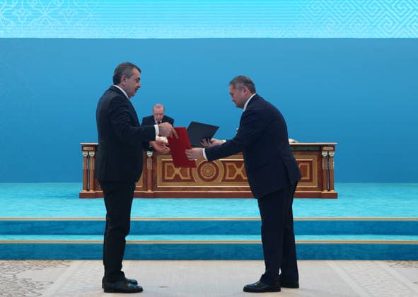 Turkish President Recep Tayyip Erdogan in Kazakhstan ASTANA, KAZAKHSTAN - MAY 14: (----EDITORIAL USE ONLY - MANDATORY CREDIT - TURKISH PRESIDENCY HANDOUT - NO MARKETING NO ADVERTISING CAMPAIGNS - DISTRIBUTED AS A SERVICE TO CLIENTS----) Turkish President Recep Tayyip Erdogan and Kazakh President Kassym-Jomart Tokayev attend the signing ceremony of bilateral agreements at the Independence Palace in Astana, Kazakhstan on May 14, 2026. Turkish Minister of National Education Yusuf Tekin also attended the ceremony. Turkish Presidency Anadolu Astana Kazakhstan. Editorial use only. Please get in touch for any other usage.  Copyright: x2026xAnadoluxTurkishxPresidencyx