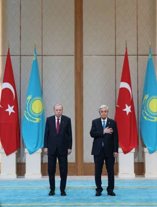 Turkish President Recep Tayyip Erdogan in Kazakhstan ASTANA, KAZAKHSTAN - MAY 14: (----EDITORIAL USE ONLY - MANDATORY CREDIT - TURKISH PRESIDENCY MURAT CETINMUHURDAR HANDOUT - NO MARKETING NO ADVERTISING CAMPAIGNS - DISTRIBUTED AS A SERVICE TO CLIENTS----) Turkish President Recep Tayyip Erdogan (L) is welcomed by Kazakh President Kassym-Jomart Tokayev (R) with an official ceremony at the Independence Palace in Astana, Kazakhstan on May 14, 2026. TUR Presidency Murat Cetinmuhurdar Anadolu Astana Kazakhstan. Editorial use only. Please get in touch for any other usage.  Copyright: x2026xAnadoluxTURxPresidencyx MuratxCetinmuhurdarx