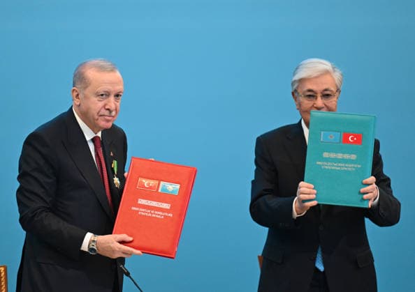 Turkish President Recep Tayyip Erdogan in Kazakhstan ASTANA, KAZAKHSTAN - MAY 14: Turkish President Recep Tayyip Erdogan and Kazakh President Kassym-Jomart Tokayev attend the signing ceremony of bilateral agreements at the Independence Palace in Astana, Kazakhstan on May 14, 2026. Mehmet Ali Ozcan Anadolu Astana Kazakhstan. Editorial use only. Please get in touch for any other usage.  Copyright: x2026xAnadoluxMehmetxAlixOzcanx