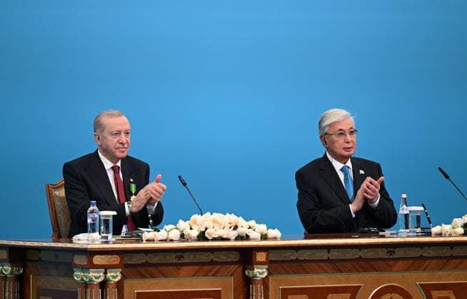 Turkish President Recep Tayyip Erdogan in Kazakhstan ASTANA, KAZAKHSTAN - MAY 14: Turkish President Recep Tayyip Erdogan and Kazakh President Kassym-Jomart Tokayev attend the signing ceremony of bilateral agreements at the Independence Palace in Astana, Kazakhstan on May 14, 2026. Mehmet Ali Ozcan Anadolu Astana Kazakhstan. Editorial use only. Please get in touch for any other usage.  Copyright: x2026xAnadoluxMehmetxAlixOzcanx