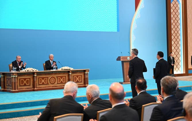 Turkish President Recep Tayyip Erdogan in Kazakhstan ASTANA, KAZAKHSTAN - MAY 14: Turkish President Recep Tayyip Erdogan and Kazakh President Kassym-Jomart Tokayev attend the signing ceremony of bilateral agreements at the Independence Palace in Astana, Kazakhstan on May 14, 2026. Mehmet Ali Ozcan Anadolu Astana Kazakhstan. Editorial use only. Please get in touch for any other usage.  Copyright: x2026xAnadoluxMehmetxAlixOzcanx