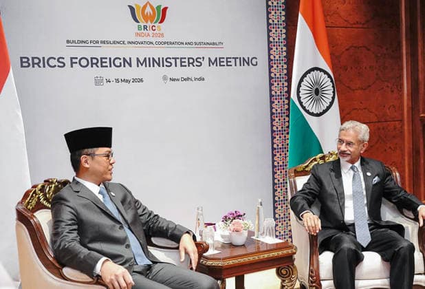 RECORD DATE NOT STATED External Affairs Minister S. Jaishankar meets Indonesian Foreign Minister Sugiono at the BRICS Foreign Ministers™ Meeting New Delhi, May 14 (ANI): External Affairs Minister S. Jaishankar meets Indonesian Foreign Minister Sugiono at the BRICS Foreign Ministers™ Meeting, in New Delhi on Thursday. (@DrSJaishankar X ANI Photo) NEW DELHI Delhi India Copyright: xANIx ANI_20260514037