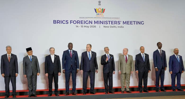 BRICS Foreign Ministers™ Meeting 2026 under India™s Chairship- Day 1 New Delhi, May 14 (ANI): (L-R) China s Ambassador to India Xu Feihong; Indonesia s Foreign Minister Sugiono; Iranian Foreign Minister Abbas Araghchi; South Africa s Foreign Minister Ronald Lamola; Russia s Foreign Minister Sergey Lavrov; India s Foreign Minister S Jaishankar; Brazil s Foreign Minister Mauro Vieira; Egypt s Foreign Minister Badr Abdelatty; Ethiopia s Foreign Minister Gedion Timothewos Hessebon; and UAE s MoS Khalifa Shaheen Al Marar, at the BRICS Foreign Ministers Meeting at Bharat Mandapam, in New Delhi on Thursday. NEW DELHI Delhi India Copyright: xANIx ANI_20260514055