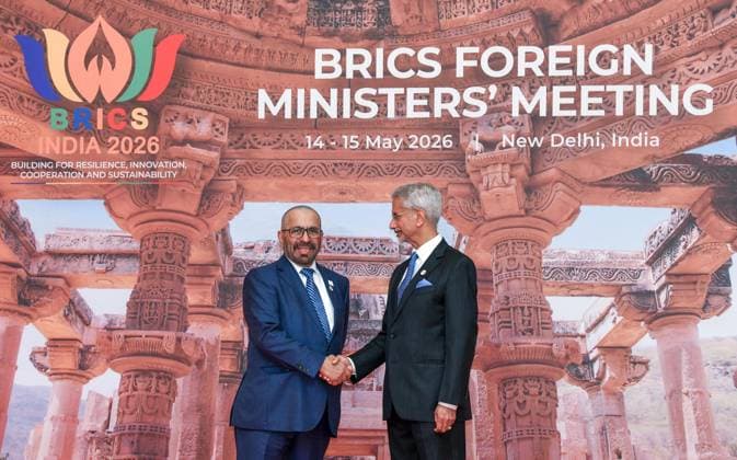 External Affairs Minister S. Jaishankar welcomes Minister of State in the Ministry of Foreign Affairs, UAE, Khalifa Shaheen Al Marar during the BRICS Foreign Ministers™ Meeting New Delhi, May 14 (ANI): External Affairs Minister S. Jaishankar welcomes Minister of State in the Ministry of Foreign Affairs, UAE, Khalifa Shaheen Al Marar during the BRICS Foreign Ministers™ Meeting, at Bharat Mandapam, in New Delhi on Thursday. New Delhi Delhi India Copyright: xANIx ANI_20260514057