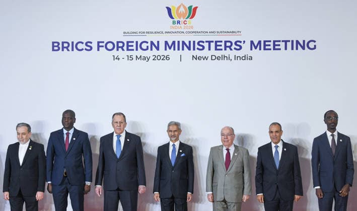 BRICS Foreign Ministers™ Meeting 2026 under India™s Chairship- Day 1 New Delhi, May 14 (ANI): (L-R) Iranian Foreign Minister Abbas Araghchi; South Africa s Foreign Minister Ronald Lamola; Russia s Foreign Minister Sergey Lavrov; India s Foreign Minister S Jaishankar; Brazil s Foreign Minister Mauro Vieira; Egypt s Foreign Minister Badr Abdelatty; and Ethiopia s Foreign Minister Gedion Timothewos Hessebon at the BRICS Foreign Ministers Meeting at Bharat Mandapam, in New Delhi on Thursday. NEW DELHI Delhi India Copyright: xANIx ANI_20260514058