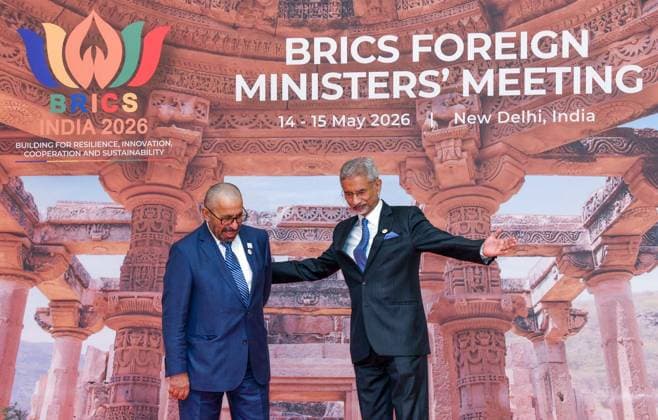 External Affairs Minister S. Jaishankar welcomes Minister of State in the Ministry of Foreign Affairs, UAE, Khalifa Shaheen Al Marar during the BRICS Foreign Ministers™ Meeting New Delhi, May 14 (ANI): External Affairs Minister S. Jaishankar welcomes Minister of State in the Ministry of Foreign Affairs, UAE, Khalifa Shaheen Al Marar during the BRICS Foreign Ministers™ Meeting, at Bharat Mandapam, in New Delhi on Thursday. New Delhi Delhi India Copyright: xANIx ANI_20260514059