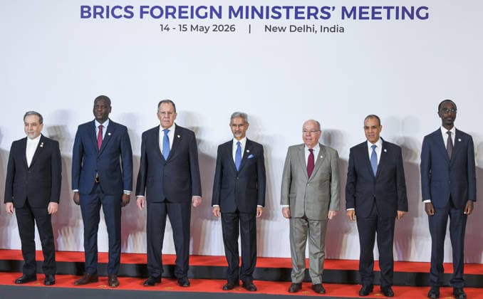 BRICS Foreign Ministers™ Meeting 2026 under India™s Chairship- Day 1 New Delhi, May 14 (ANI): (L-R) Iranian Foreign Minister Abbas Araghchi; South Africa s Foreign Minister Ronald Lamola; Russia s Foreign Minister Sergey Lavrov; India s Foreign Minister S Jaishankar; Brazil s Foreign Minister Mauro Vieira; Egypt s Foreign Minister Badr Abdelatty; and Ethiopia s Foreign Minister Gedion Timothewos Hessebon at the BRICS Foreign Ministers Meeting at Bharat Mandapam, in New Delhi on Thursday. NEW DELHI Delhi India Copyright: xANIx ANI_20260514060