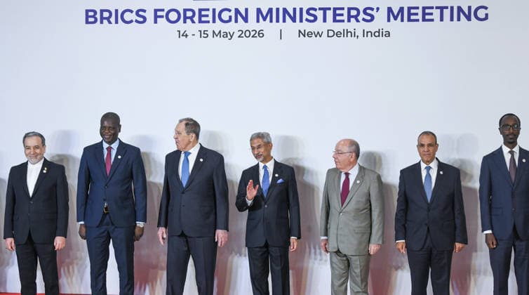 BRICS Foreign Ministers™ Meeting 2026 under India™s Chairship- Day 1 New Delhi, May 14 (ANI): (L-R) Iranian Foreign Minister Abbas Araghchi; South Africa s Foreign Minister Ronald Lamola; Russia s Foreign Minister Sergey Lavrov; India s Foreign Minister S Jaishankar; Brazil s Foreign Minister Mauro Vieira; Egypt s Foreign Minister Badr Abdelatty; and Ethiopia s Foreign Minister Gedion Timothewos Hessebon at the BRICS Foreign Ministers Meeting at Bharat Mandapam, in New Delhi on Thursday. NEW DELHI Delhi India Copyright: xANIx ANI_20260514061