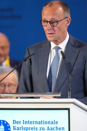 Presentation of the International Charlemagne Prize 2026 in Aachen Federal Chancellor Friedrich Merz in portrait during his speech at the ceremony for the presentation of the International Charlemagne Prize 2026 in the Kroenungssaal of Aachen City Hall, Aachen, 14 05 2026 Aachen NRW Germany